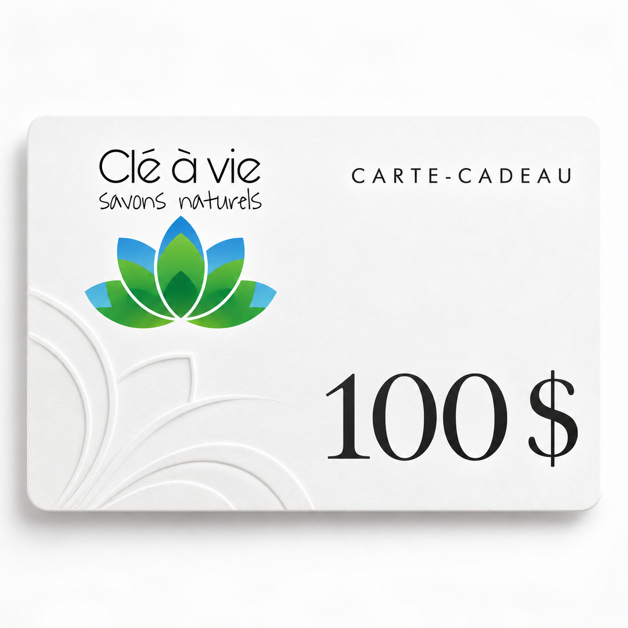 La carte-cadeau Clé à vie au fini blanc minéral, illustrée en version 100 dollars